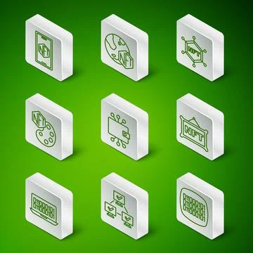 Set line Binary code, NFT blockchain technology, Mobile with art store app Stock Illustration