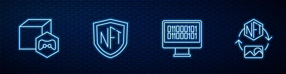 Set line Binary code, NFT Digital crypto art, shield and . Glowing neon icon on Stock Illustration