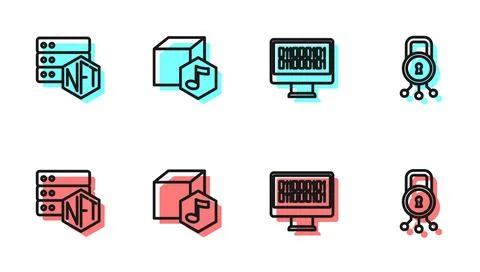 Set line Binary code, NFT blockchain technology, Digital crypto art and Cyber Stock Illustration