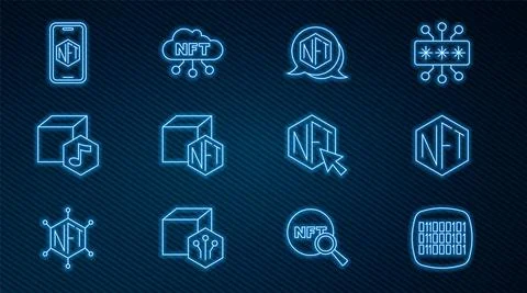 Set line Binary code, NFT Digital crypto art, Mobile with store app, and cloud Stock Illustration