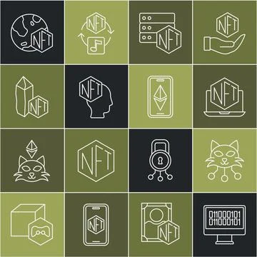 Set line Binary code, NFT Digital crypto art, Laptop with store app, blockchain Stock Illustration