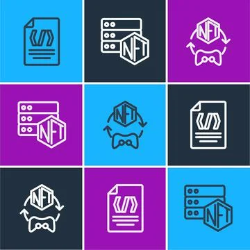 Set line Binary code, NFT Digital crypto art and blockchain technology icon Stock Illustration