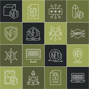 Set line Binary code, NFT Digital crypto art, Cyber security, Laptop with store Stock Illustration