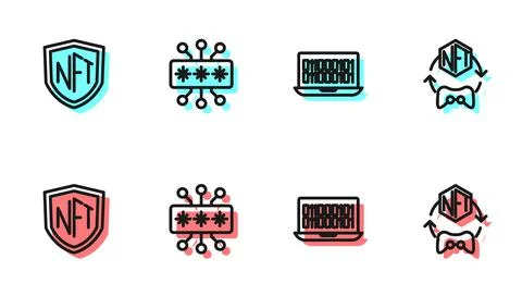 Set line Binary code, NFT shield, Cyber security and Digital crypto art icon Stock Illustration