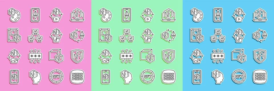 Set line Binary code, NFT shield, Ethereum exchange, Digital crypto art Stock Illustration