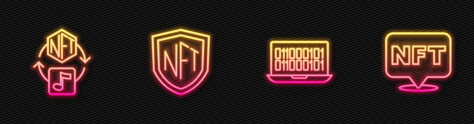 Set line Binary code, NFT Digital crypto art, shield and . Glowing neon icon Stock Illustration