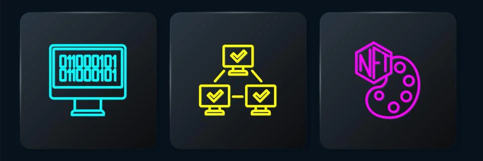 Set line Binary code, NFT Digital crypto art and blockchain technology. Black Stock Illustration