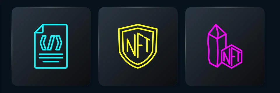 Set line Binary code, NFT Digital crypto art and shield. Black square button Stock Illustration