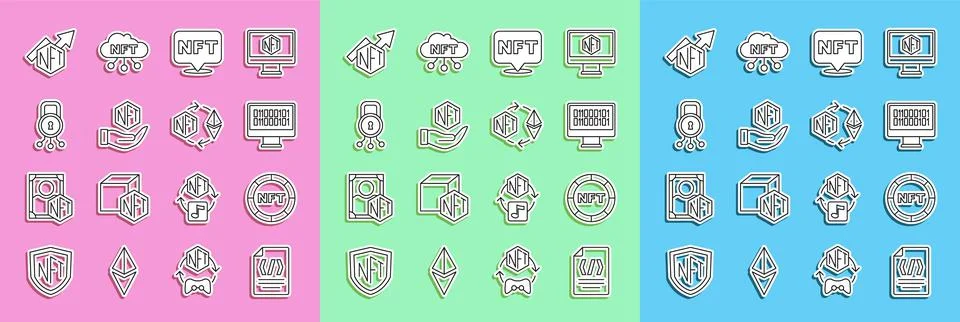 Set line Binary code, NFT Digital crypto art, Cyber security, growth bar char Stock Illustration