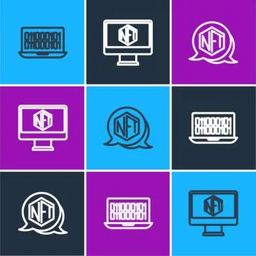Set line Binary code, NFT Digital crypto art and Monitor with store app icon. Stock Illustration