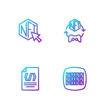 Set line Binary code, NFT Digital crypto art and . Gradient color icons. Vect Stock Illustration