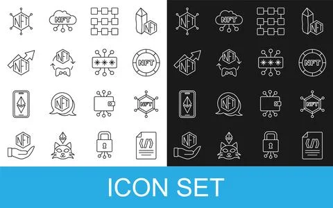 Set line Binary code, NFT blockchain technology, Digital crypto art, growth bar Stock Illustration