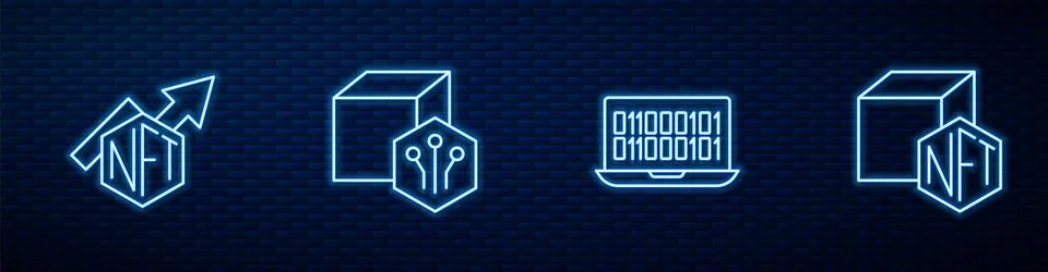 Set line Binary code, NFT growth bar chart, Digital crypto and . Glowing neon Stockillustratie