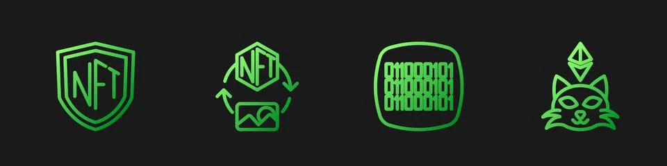 Set line Binary code, NFT shield, Digital crypto art and . Gradient color icons Illustrazione stock