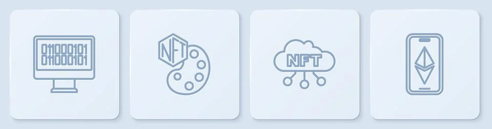 Set line Binary code, NFT cloud, Digital crypto art and Ethereum ETH. White Stock Illustration