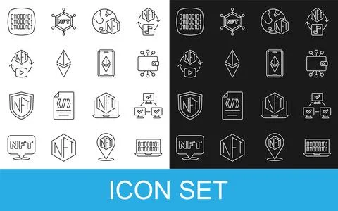 Set line Binary code, NFT blockchain technology, Cryptocurrency wallet, Digital Stock Illustration