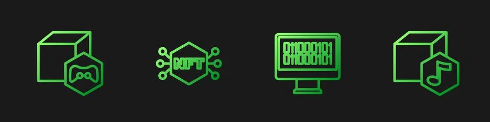 Set line Binary code, NFT Digital crypto art, and . Gradient color icons. Vector Stock Illustration