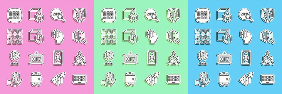 Set line Binary code, NFT Digital crypto art, Search, blockchain technology, and Stock Illustration