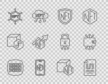 Set line Binary code, NFT shield, Mobile with art store app, blockchain Stock Illustration