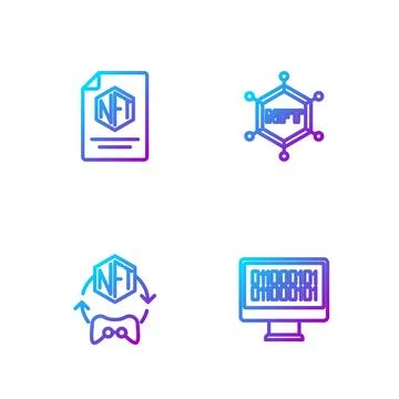 Set line Binary code, NFT Digital crypto art, contract and blockchain technology Stock Illustration