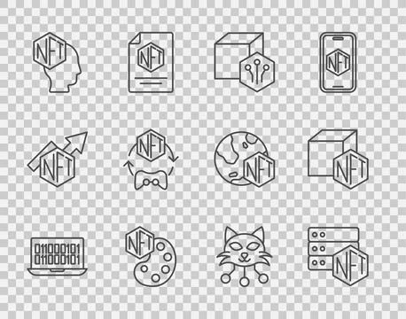 Set line Binary code, NFT blockchain technology, Digital crypto art,  and  .. Stock Illustration