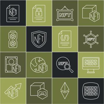 Set line Binary code, NFT blockchain technology, Digital crypto art, shield.. Stock Illustration