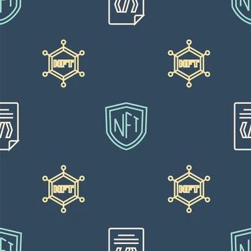 Set line Binary code, NFT blockchain technology and shield on seamless patt.. Stock Illustration