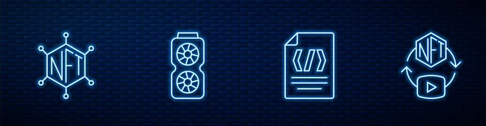 Set line Binary code, NFT blockchain technology, Video graphic card and Dig.. Stock Illustration