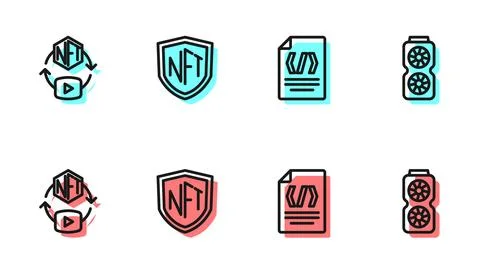 Set line Binary code, NFT Digital crypto art, shield and Video graphic card.. Stock Illustration