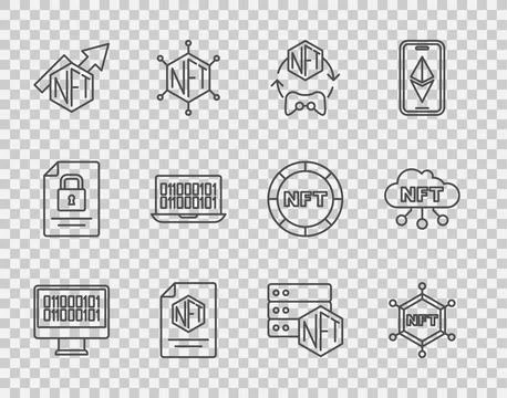 Set line Binary code, NFT blockchain technology, Digital crypto art, contra.. Illustrazione stock