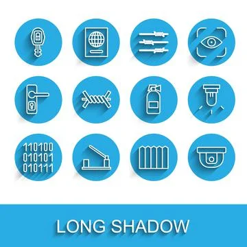 Set line Binary code, Parking car barrier, Car key with remote, Garden fence Stock Illustration