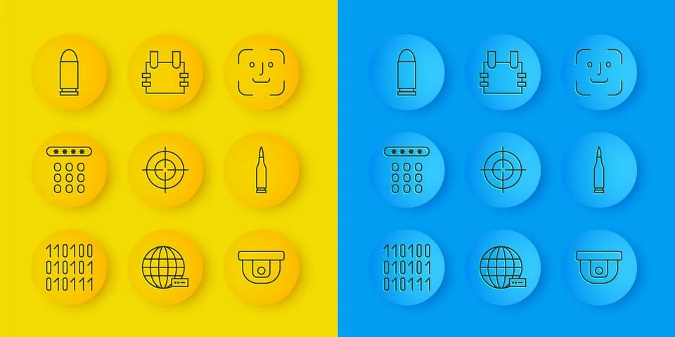 Set line Binary code, Password protection, Target sport, Motion sensor, Bul.. Stock Illustration