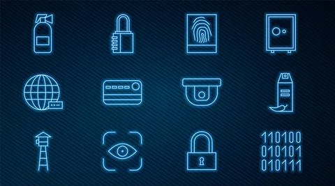 Set line Binary code, Pepper spray, Fingerprint, Credit card, Social network 库存插图