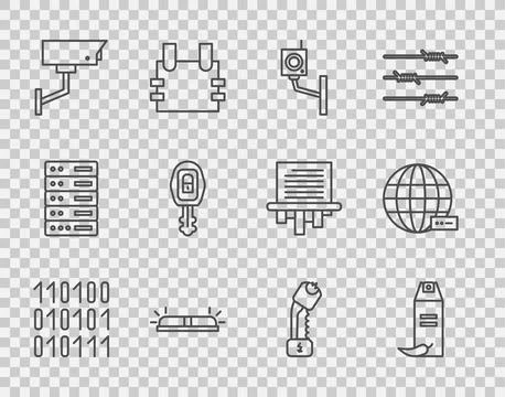 Set line Binary code, Pepper spray, Security camera, Flasher siren, Car key with Stock Illustration