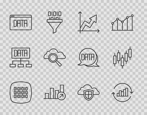 Set line Binary code, Pie chart infographic, Financial growth, Data analysis Stock Illustration