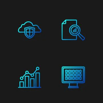 Set line Binary code, Pie chart infographic, Cloud and shield and Document with Stock Illustration