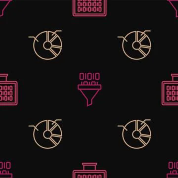Set line Binary code, Pie chart infographic and on seamless pattern. Vector Stock Illustration