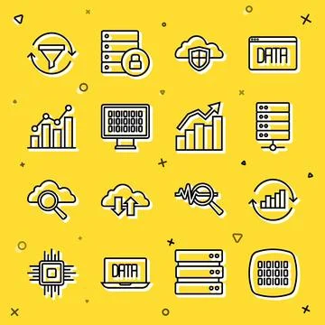 Set line Binary code, Pie chart infographic, Server, Cloud and shield, Sales Stock Illustration