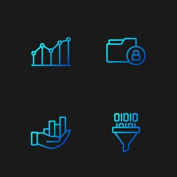 Set line Binary code, Pie chart infographic, and Folder and lock. Gradient color Stock Illustration