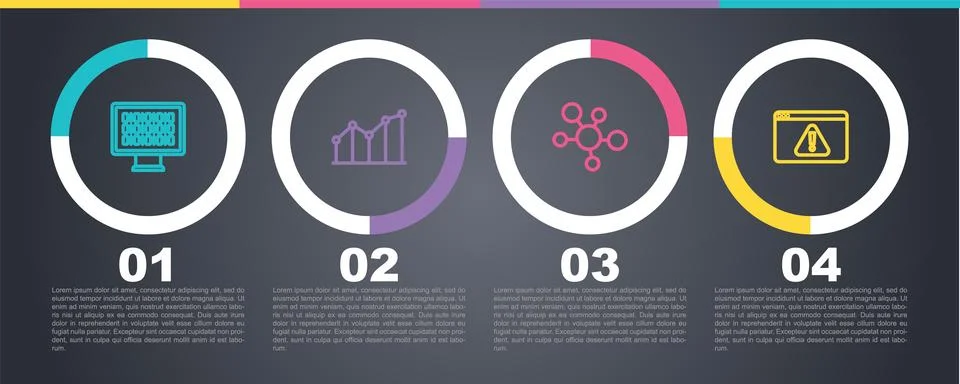 Set line Binary code, Pie chart infographic, Mind map and Browser with excl.. Stock Illustration