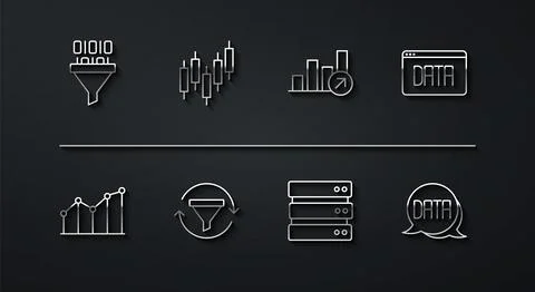 Set line Binary code, Pie chart infographic, Data analysis, Server, Sales f.. Stockillustratie