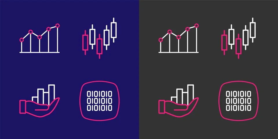 Set line Binary code, Pie chart infographic, Browser with stocks market and.. Stock Illustration