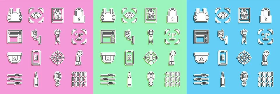 Set line Binary code, Police electric shocker, Face recognition, Fingerprint Stock Illustration