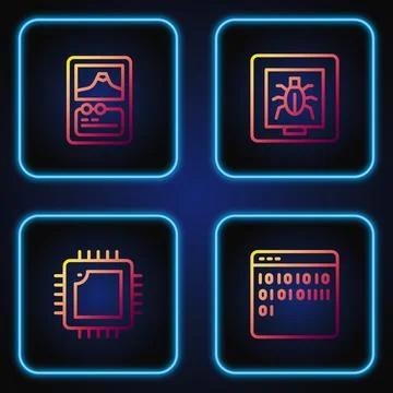 Set line Binary code, Processor with CPU, Card game and Insects frame. Gradient Stock Illustration