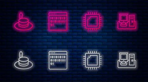 Set line Binary code, Processor with CPU, Man hat and Monitor keyboard. Glowing Stock Illustration