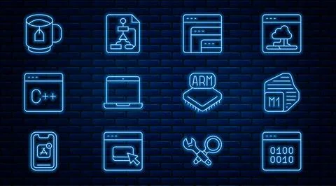 Set line Binary code, Processor, Software, Laptop, Cup tea with tea bag, and Stock Illustration