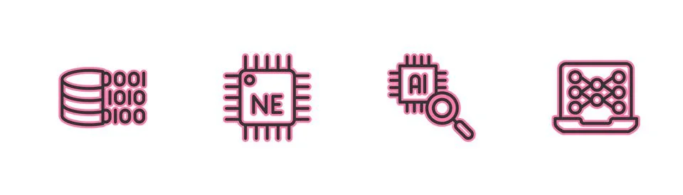 Set line Binary code, Processor CPU, and Neural network icon. Vector Stock Illustration