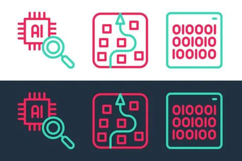 Set line Binary code, Processor CPU and Neural network icon. Vector Stock Illustration