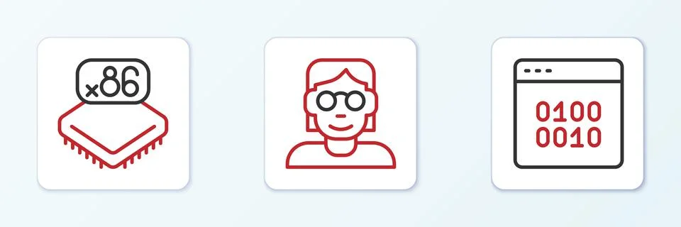 Set line Binary code, Processor with microcircuits CPU and Hacker coder icon. Stock Illustration