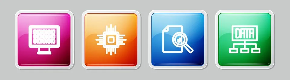 Set line Binary code, Processor CPU, Document with graph chart and Data analysis Stock Illustration